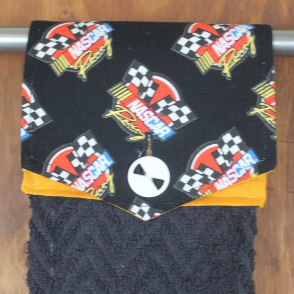 NASCAR RACING HAND TOWEL BLACK & RED HANDMADE HANGING KITCHEN BLACK COTTON TOWEL